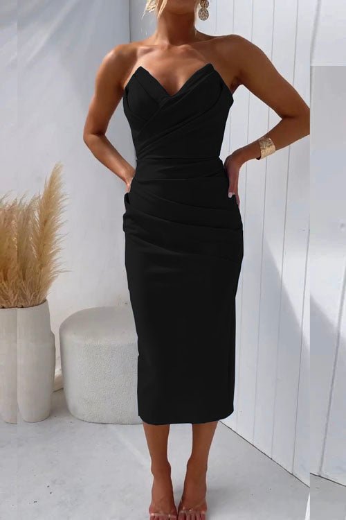 Blandina - Robe de soirée midi sans bretelles avec fente dans le dos Noir