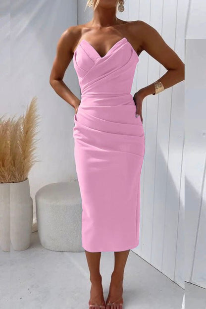 Blandina - Robe de soirée midi sans bretelles avec fente dans le dos Rose