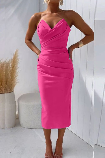 Blandina - Robe de soirée midi sans bretelles avec fente dans le dos Rose Rouge