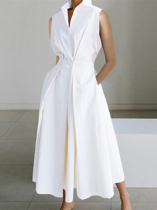Blandine - Robe blanche col chemise en coton urbain Blanc