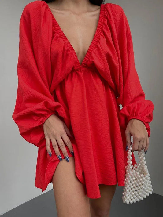 Brigitte – Robe Courte Bohème Femme Manches Longues et Col en V 1