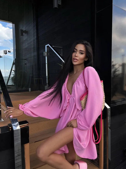 Brigitte – Robe Courte Bohème Femme Manches Longues et Col en V 9