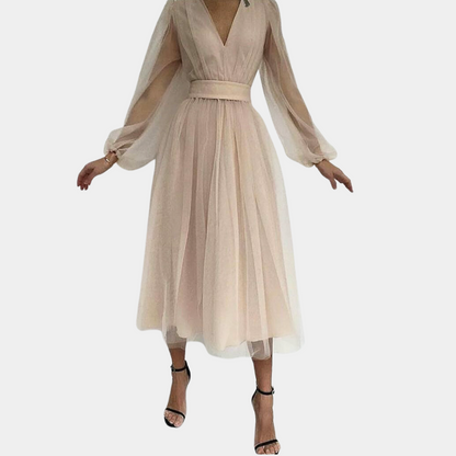 Clotilde - Robe midi élégante en tulle pour femme Beige