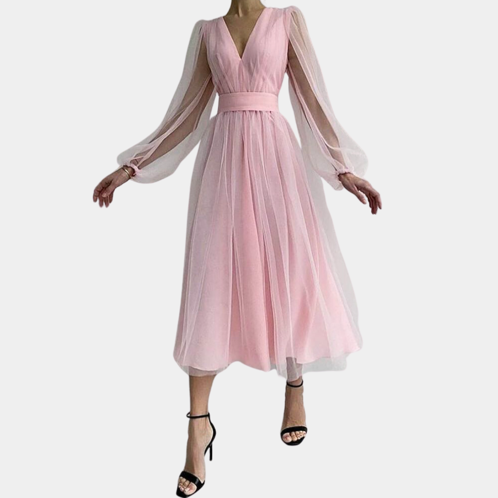 Clotilde - Robe midi élégante en tulle pour femme Rose