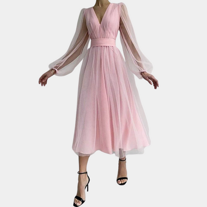 Clotilde - Robe midi élégante en tulle pour femme Rose