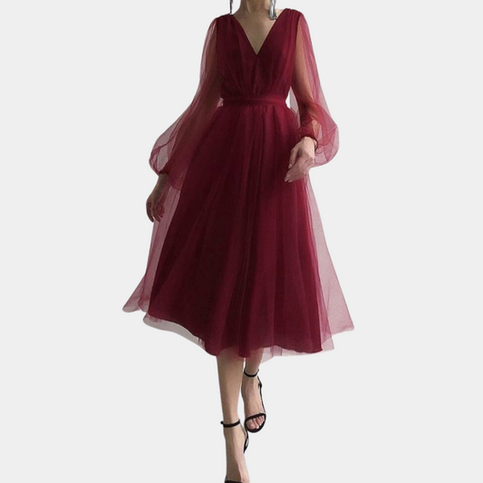 Clotilde - Robe midi élégante en tulle pour femme Rouge