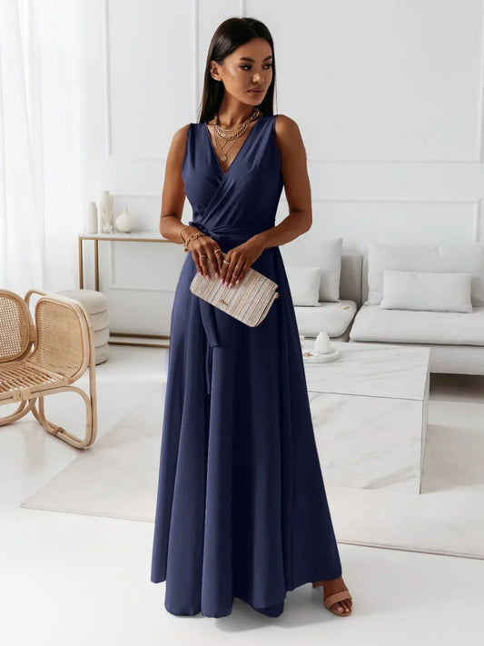 Coline - Robe longue femme col V unie Bleu marine