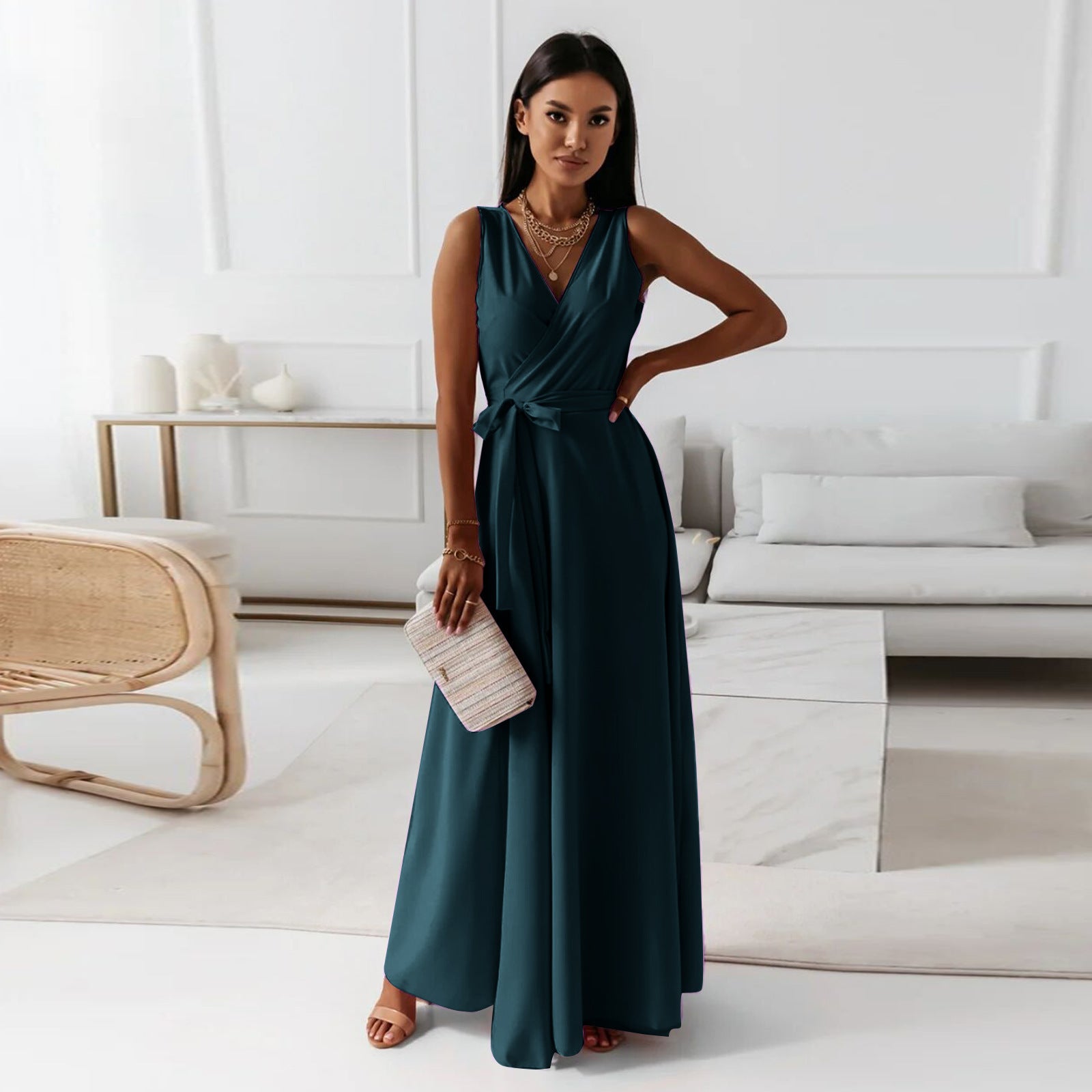 Coline - Robe longue femme col V unie Vert foncé
