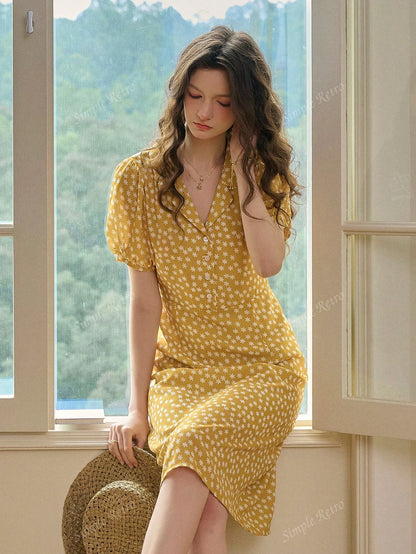 Déborah – Robe Femme Imprimé Marguerites Manches Bouffantes Printemps Été 5