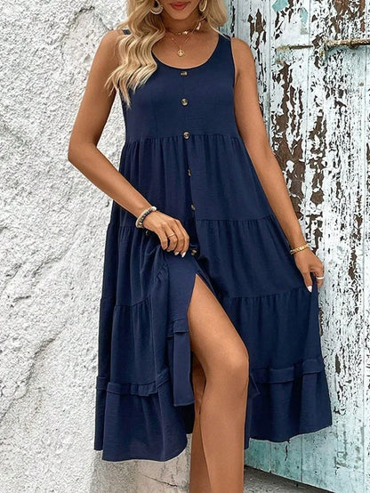 Domitille – Robe Longue Femme Sans Manches Unie à Boutons 4