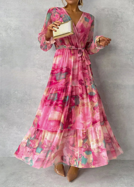 Eugénia- Robe femme portefeuille à fleurs et manches longues Rose rouge