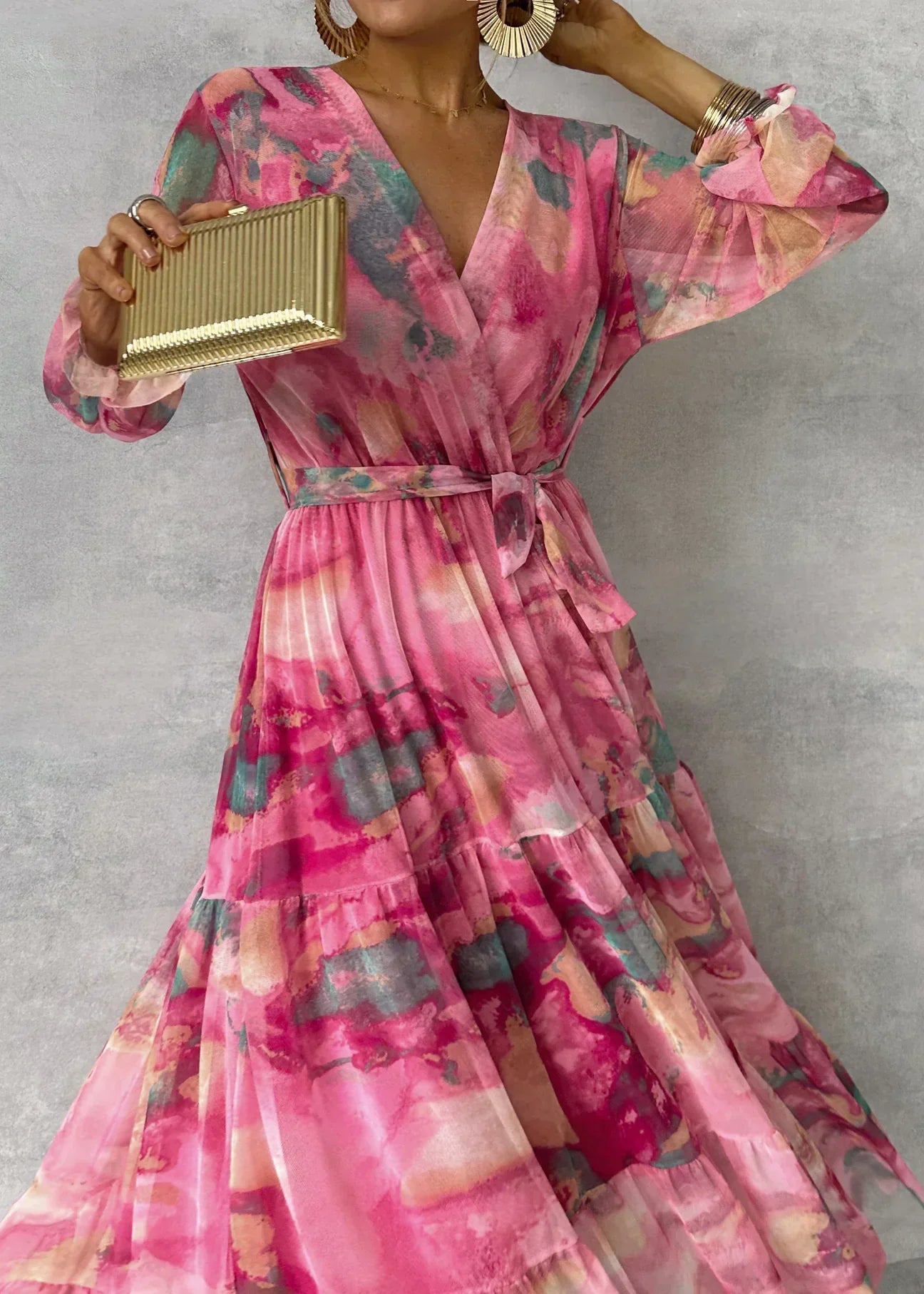 Eugénia- Robe femme portefeuille à fleurs et manches longues Rose rouge 2