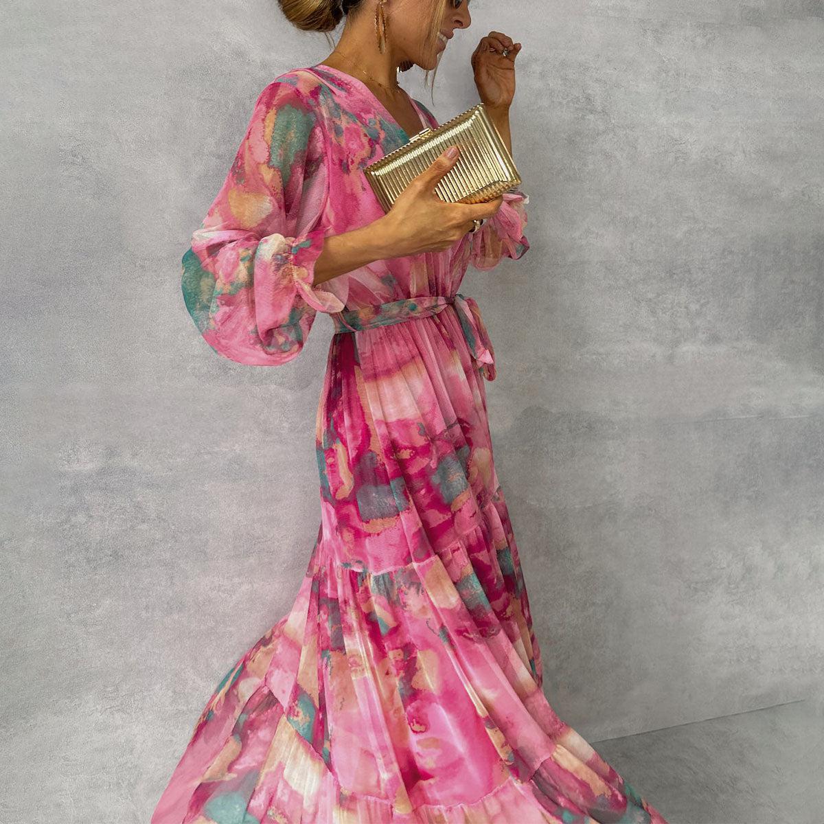 Eugénia- Robe femme portefeuille à fleurs et manches longues Rose rouge 3