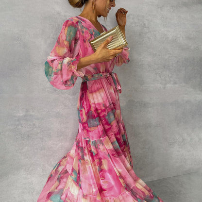 Eugénia- Robe femme portefeuille à fleurs et manches longues Rose rouge 3
