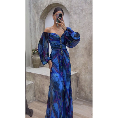 Eustachie - Robe plissée à épaules nues avec motif floral Bleu