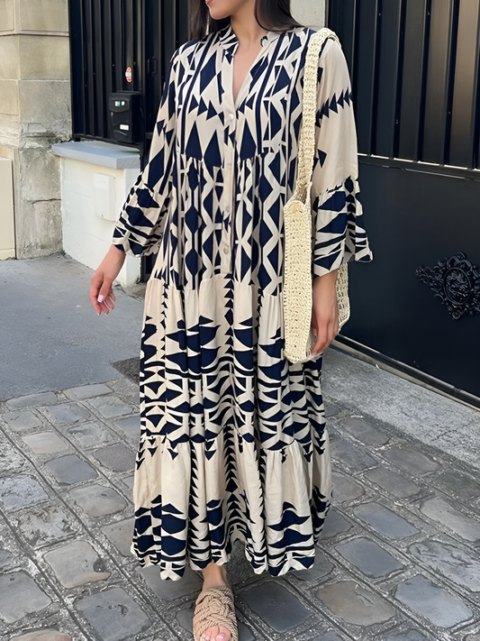 Géraldine - Maxi-robe géométrique avec patte de boutonnage Bleu