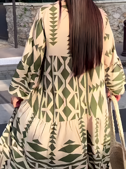 Géraldine - Maxi-robe géométrique avec patte de boutonnage Vert