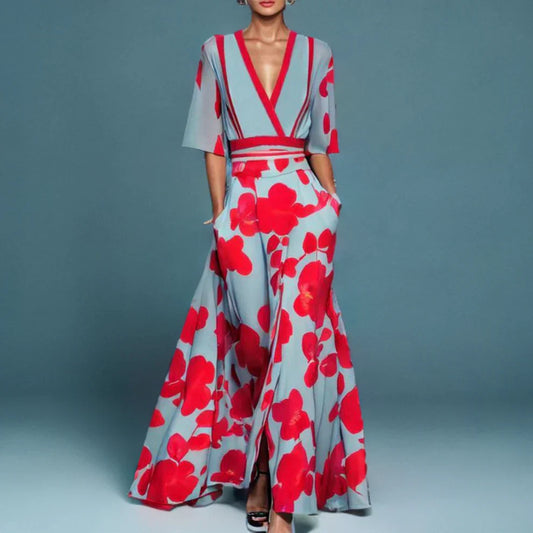 Galienne - Robe maxi élégante avec motif floral Rouge