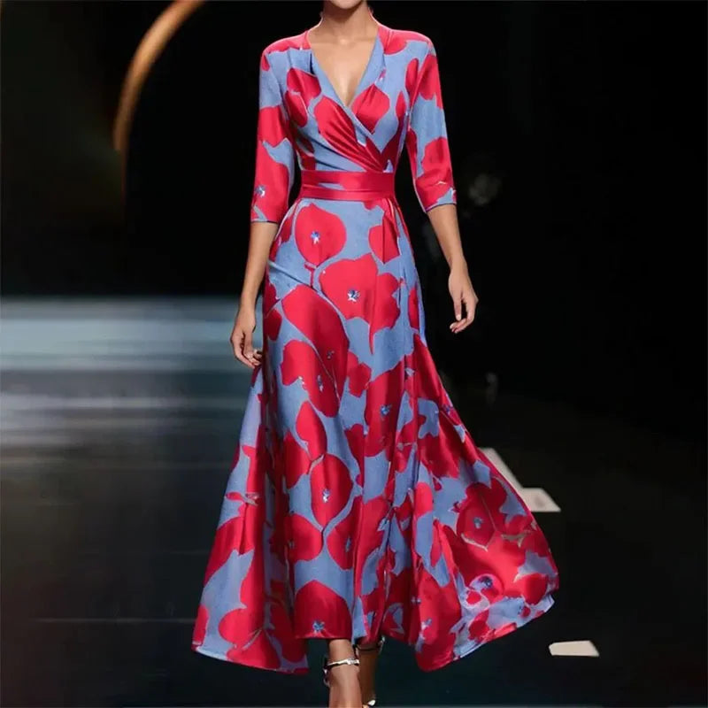 Galienne - Robe maxi élégante avec motif floral Rouge Bleu