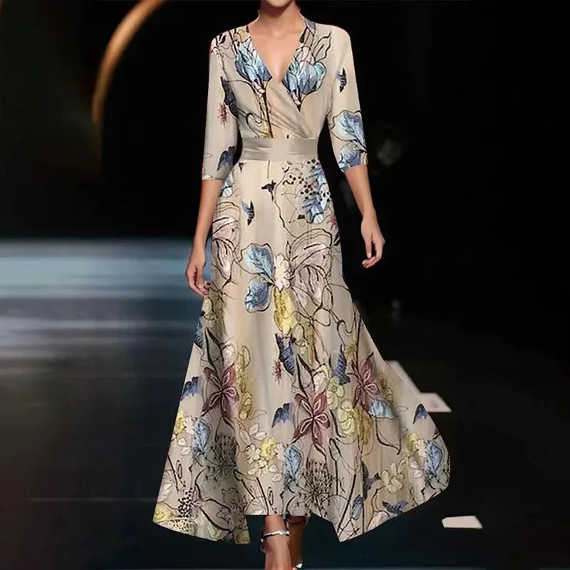 Galienne - Robe maxi élégante avec motif floral Rouge Kaki