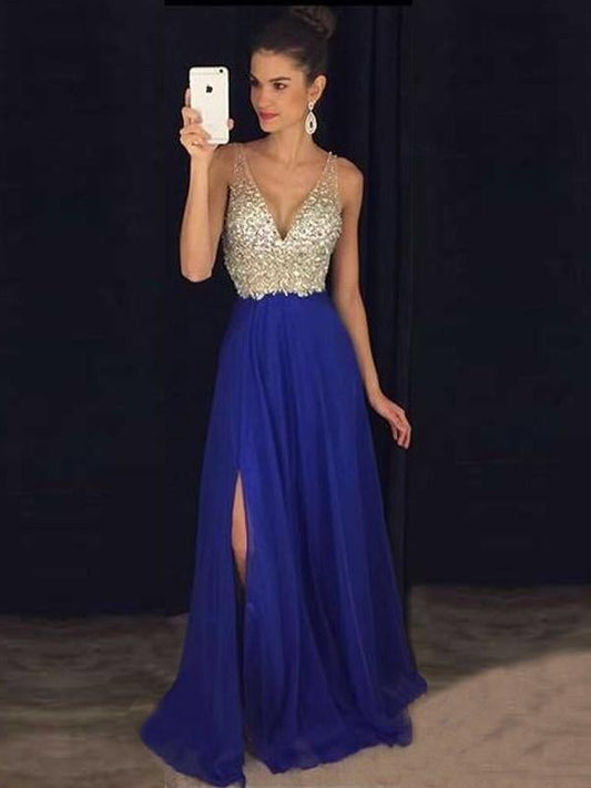 Ghisla - robe longue avec fente latérale pailletée, décolleté en V fluide Bleu saphir