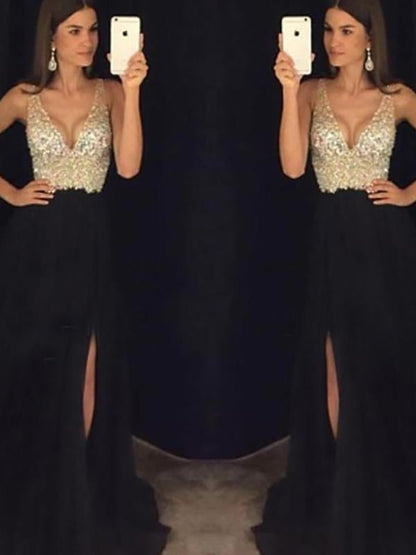 Ghisla - robe longue avec fente latérale pailletée, décolleté en V fluide Noir