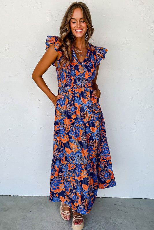 Gladys - Robe à volants boho chic Bleu Orange