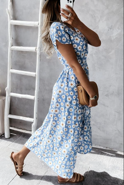 Gracieuse - Robe midi à imprimé marguerite Bleu