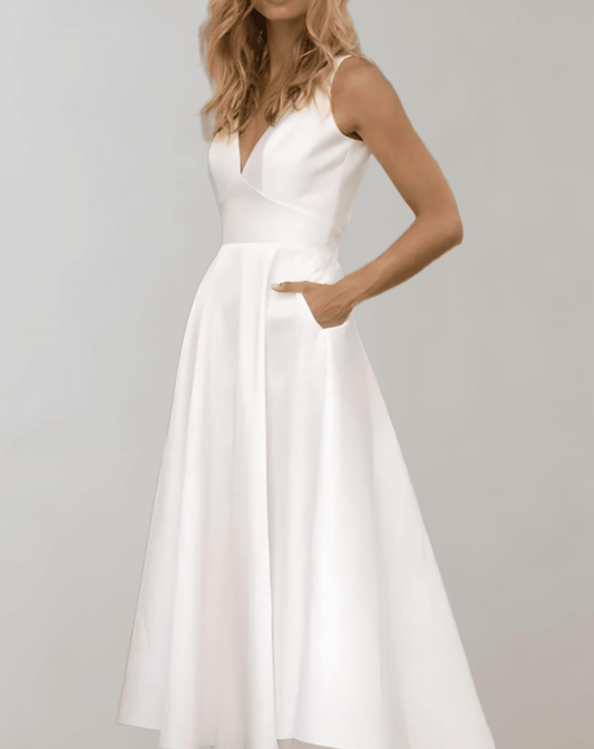 Gratienne - Robe de Mariée Blanche Minimaliste Col en V Et Poches Blanc