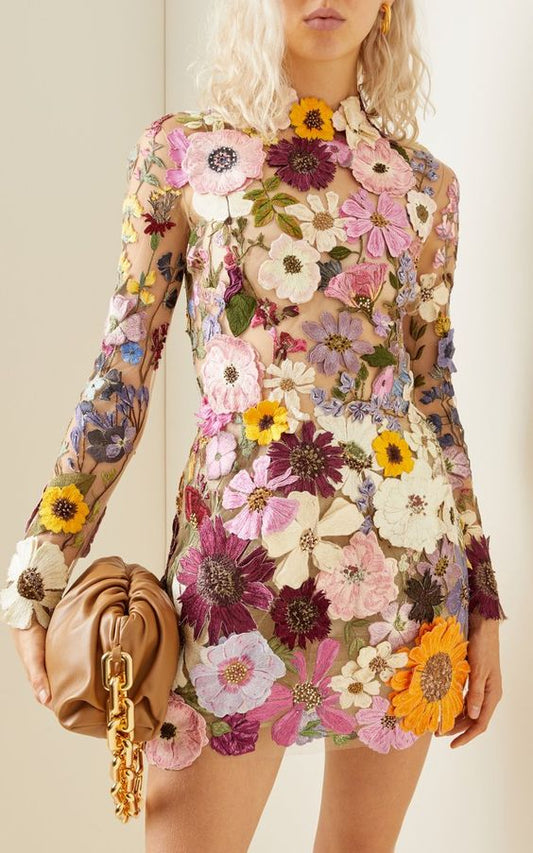 Graziella - Robe à fleurs tridimensionnelle pour les occasions spéciales Beige