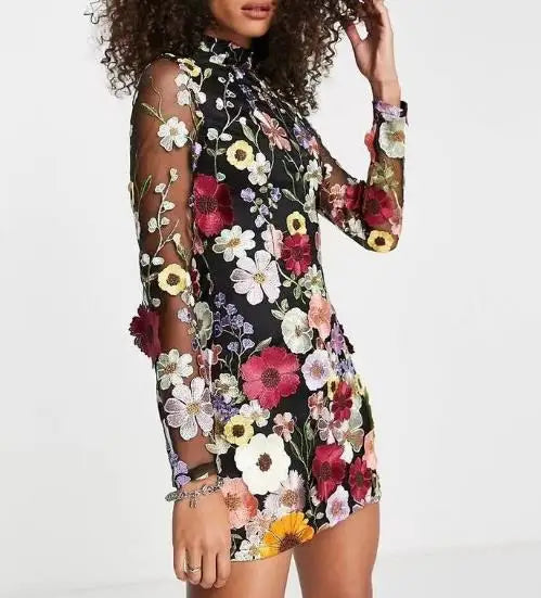 Graziella - Robe à fleurs tridimensionnelle pour les occasions spéciales Noir