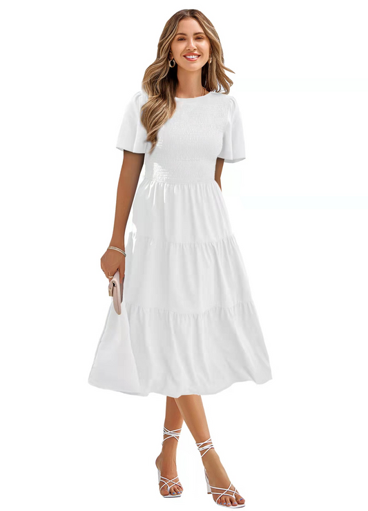 Hajar - Robe d'été beige à volants Blanc