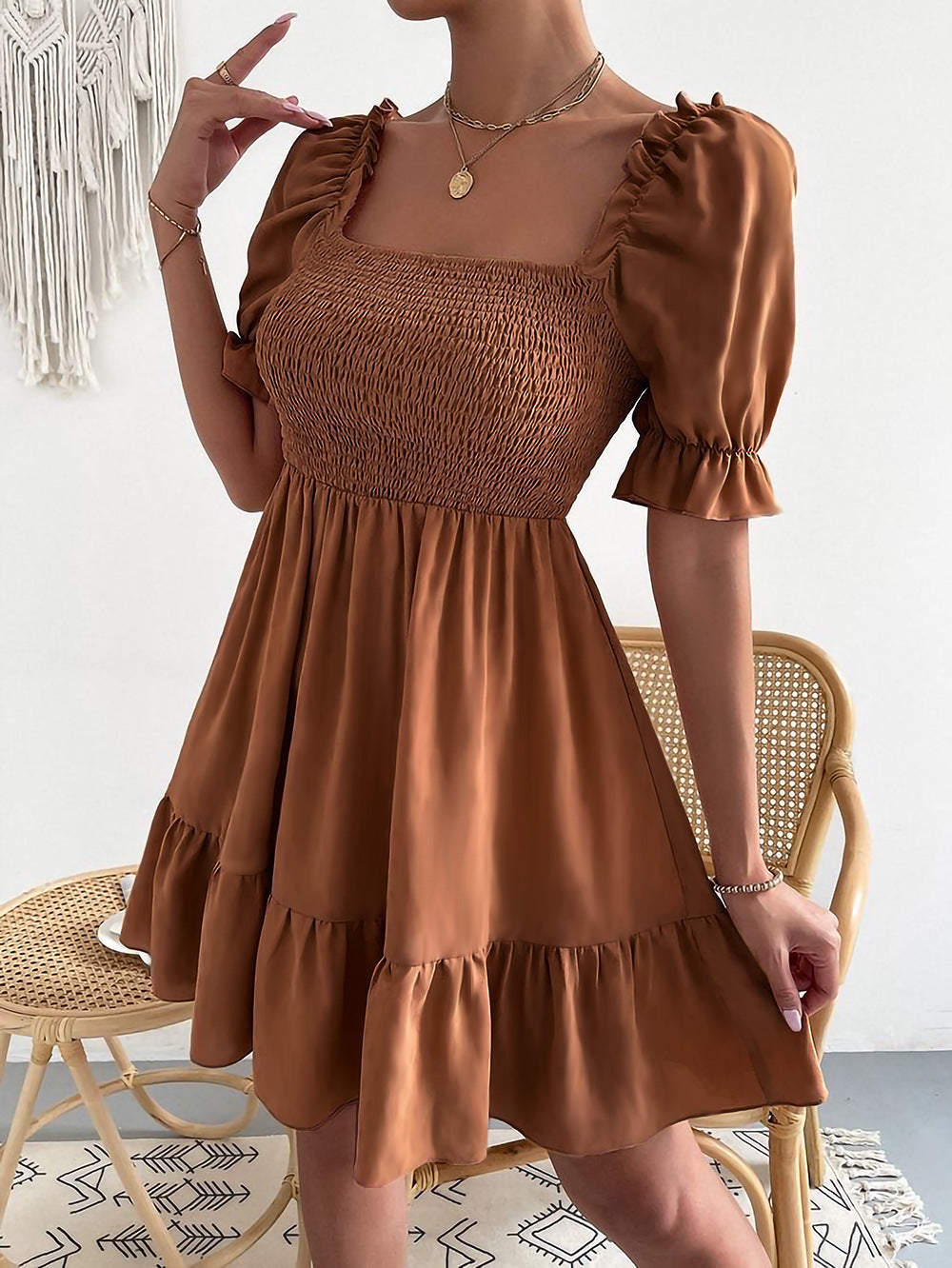 Hawa - Mini-robe brune à manches bouffantes Marron 2
