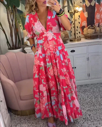 Heloina - Robe longue élégante pour femme avec décolleté en V Rouge
