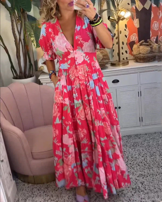 Heloina - Robe longue élégante pour femme avec décolleté en V Rouge