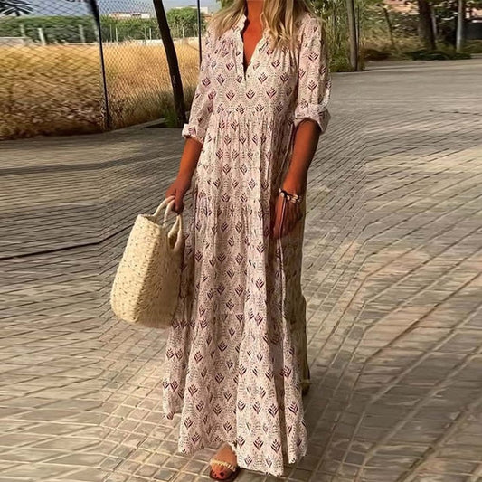 Hilya - Robe décontractée pour femme, manches longues et décolleté en V Rose