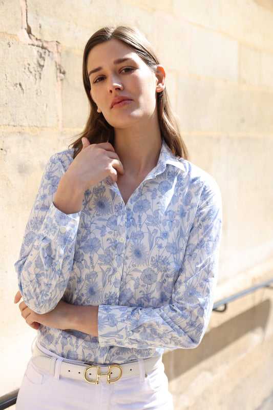 Huguette – Chemisier Canelle Coton Liberty Fleurs Bleu Ciel 1