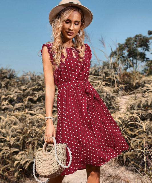 Ilona - Robe maxi plissée à pois Rouge