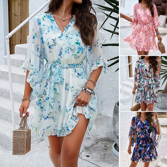 Inaya - Eté Floral Imprimé Manches Courtes Robe Dentelle