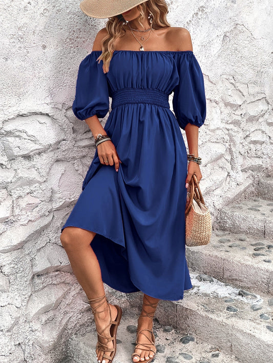 Irène - Robe midi épaules nues pour femme Bleu