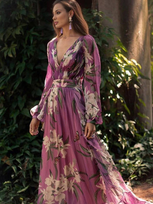 Isabelle – Robe Longue Fleurie Femme Élégante Violette 1