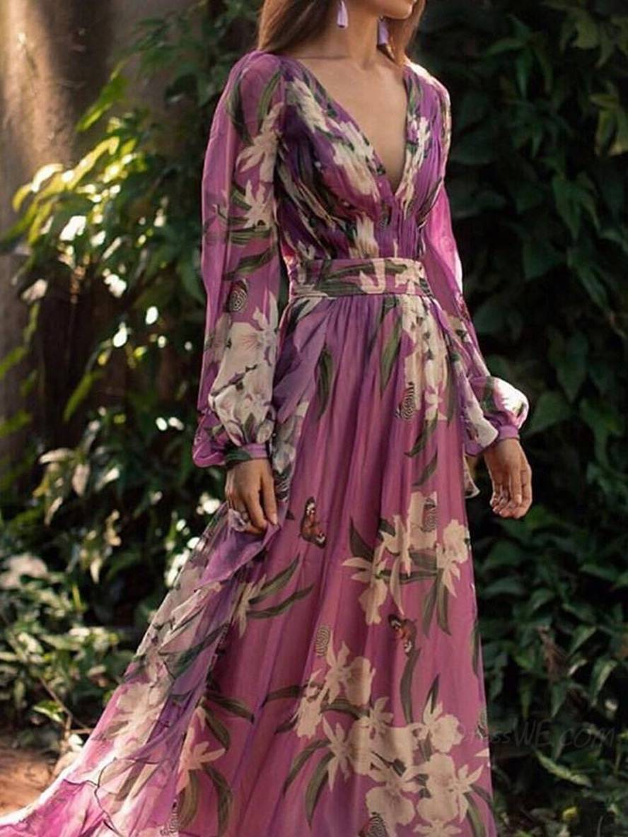 Isabelle – Robe Longue Fleurie Femme Élégante Violette 2