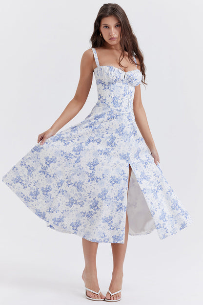 Iseline - Nouvelle robe femme imprimé floral avec sangles Blanc Bleu