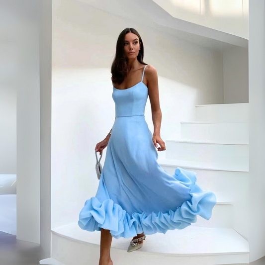Ismène - Robe Midi Froncé Femme Elégante Bleu