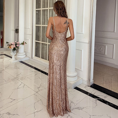 Iverna - Robe maxi décolleté en V pour femme avec paillettes Or 3