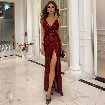 Iverna - Robe maxi décolleté en V pour femme avec paillettes Rouge vin
