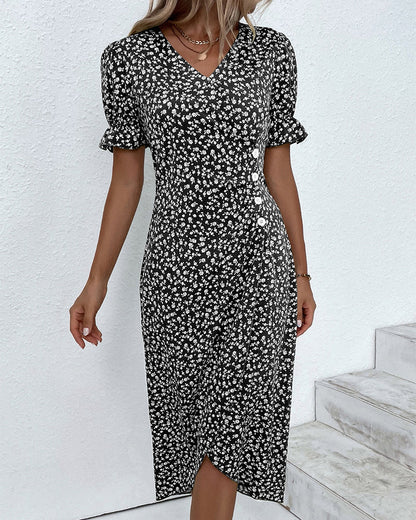 Jacinthe - Robe à manches courtes imprimée de fleurs Noir