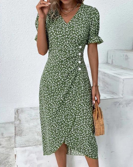 Jacinthe - Robe à manches courtes imprimée de fleurs Vert