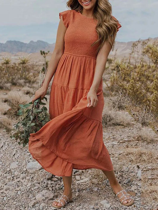 Joëlle - Robe d'été élégante à volants, poches Orange foncé