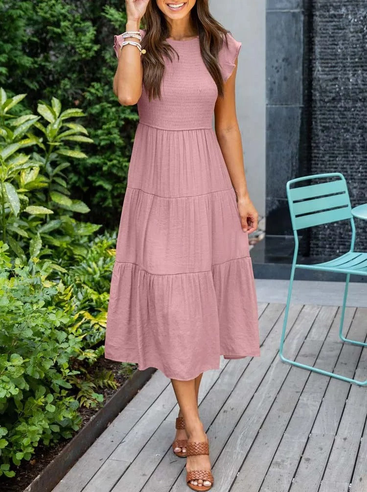 Joëlle - Robe d'été élégante à volants, poches Rose